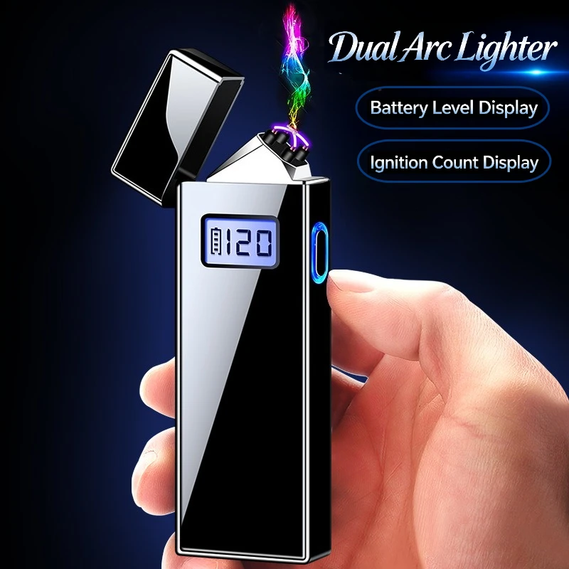Dual Arc USB Rechargeable Electric Lighter with Digital Display Battery & Ignition Count Indicator, Windproof Electronic Lighter