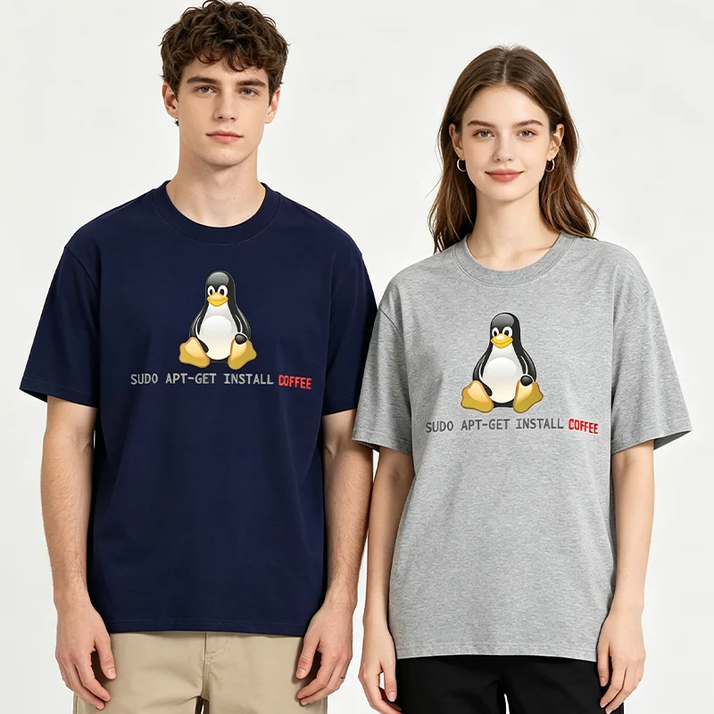 Large Size Cotton Linux Get Installation Coffee T-Shirt for Programmers Code Programming Ubuntu BSD Freebsd Tux Sudo Apt Design