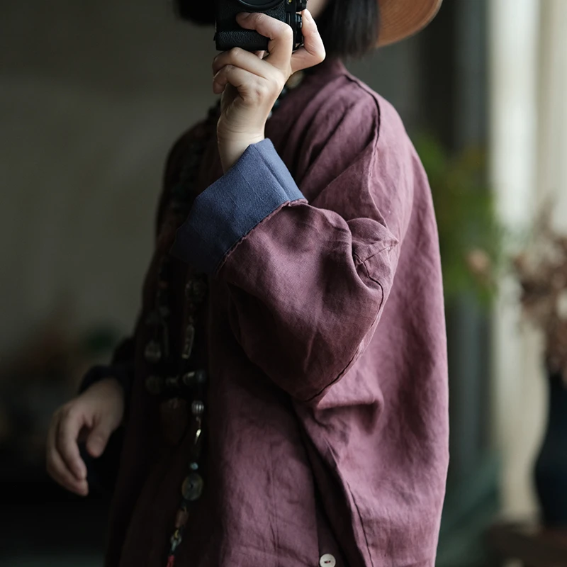 100% الكتان المرأة فستان طويل غير رسمي جديد وصول 2025 الخريف خمر الوقوف طوق بلون المتضخم فساتين الإناث M2061