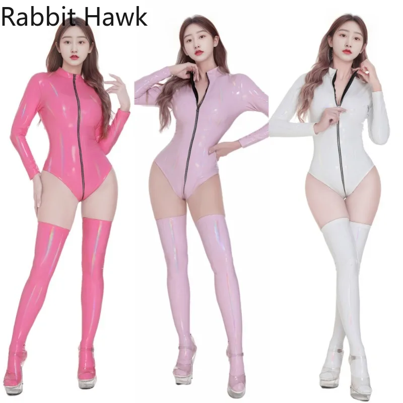 Women Latex bodysuit Hollow Out Zipper Black PVC Sexy Pink Rose Red Leather Cupless Club jumpsuits tights 18+ Costumes fetishism