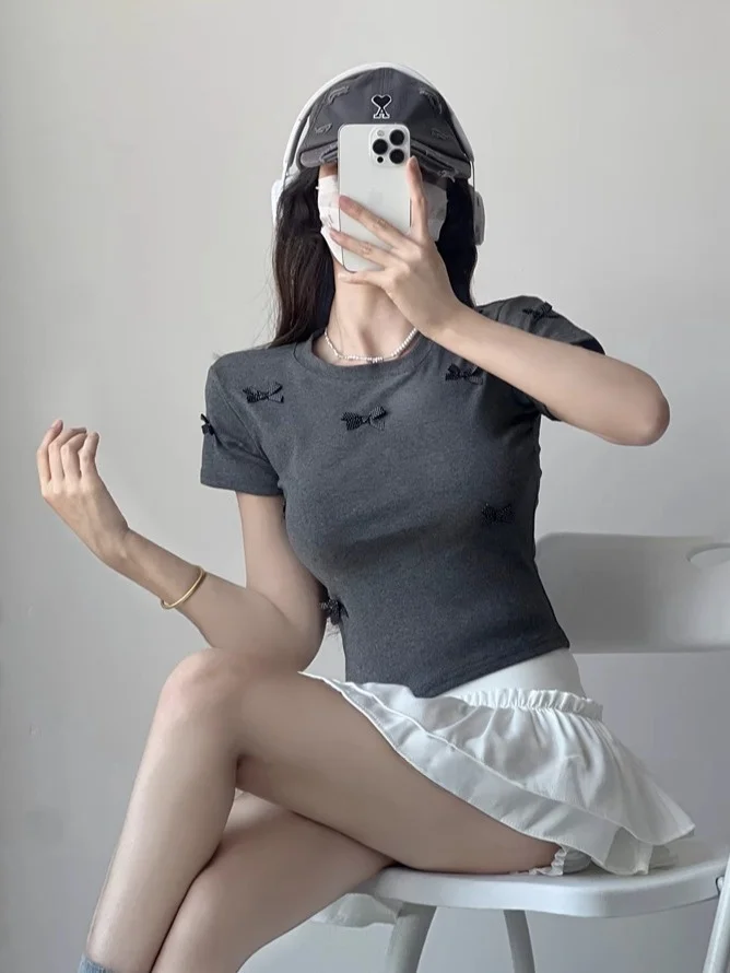 Slim Fit Ort Sve T-Shirt für Damen, Sommer-Sle Sweet Heart Knot Boredom Buster Hot Girl Faion Belly Baring Top