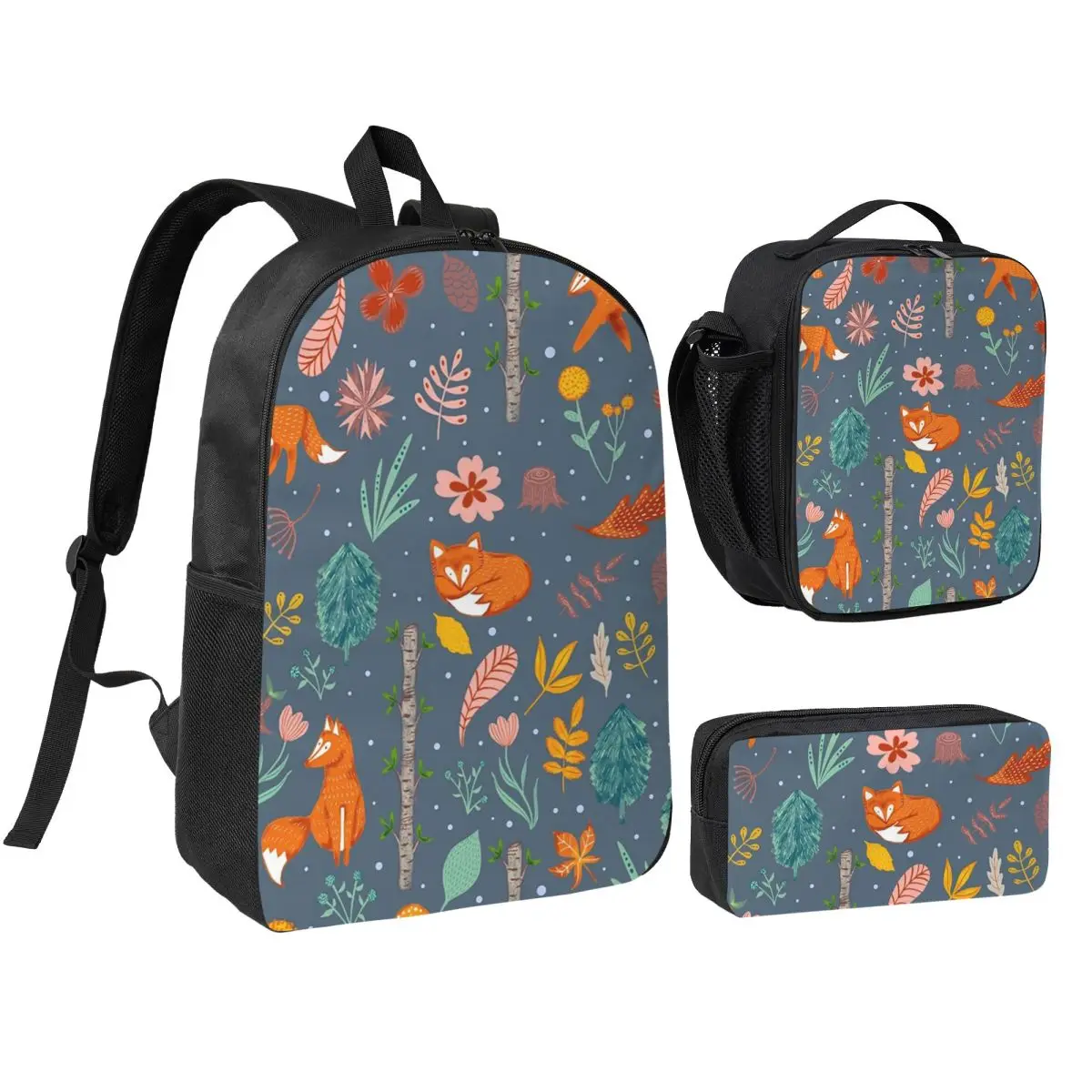 Woodland Foxes With Plant Backpack Boys Girls BookBag School Bag Shoulder Bags 3ps Insulated Lunch Bag Pencil Case
