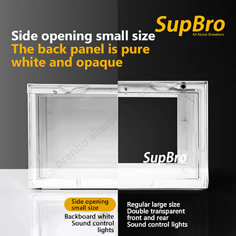 SupBro Crate Small Size LED Voice Activated Light Emitting Collection Shoes Box Side Opening AJ Sneaker Storage Box Shoe Wall