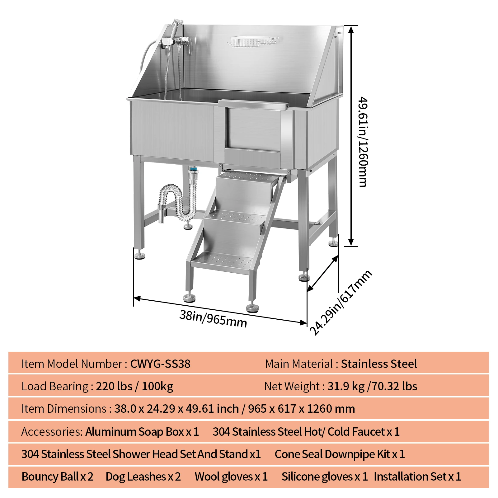 Dog Grooming Tub Washing Pool Pet Shop Large Dog Bathtub 304 Stainless Steel Dog Bathing Tub