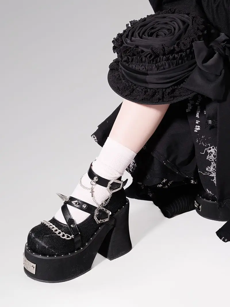 Transfer Student Shoes Dark Witch Shoes Punk Style Platform Shoes Thick Platform High Heel Rivet Heels Pantshoes Rose Shoes