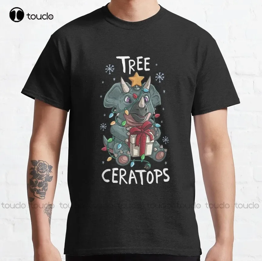 Tree Ceratops Cute Triceratops Dinosaur Christmas Tree Lights Star Classic T-Shirt White Tees For Men Custom Aldult Teen Unisex