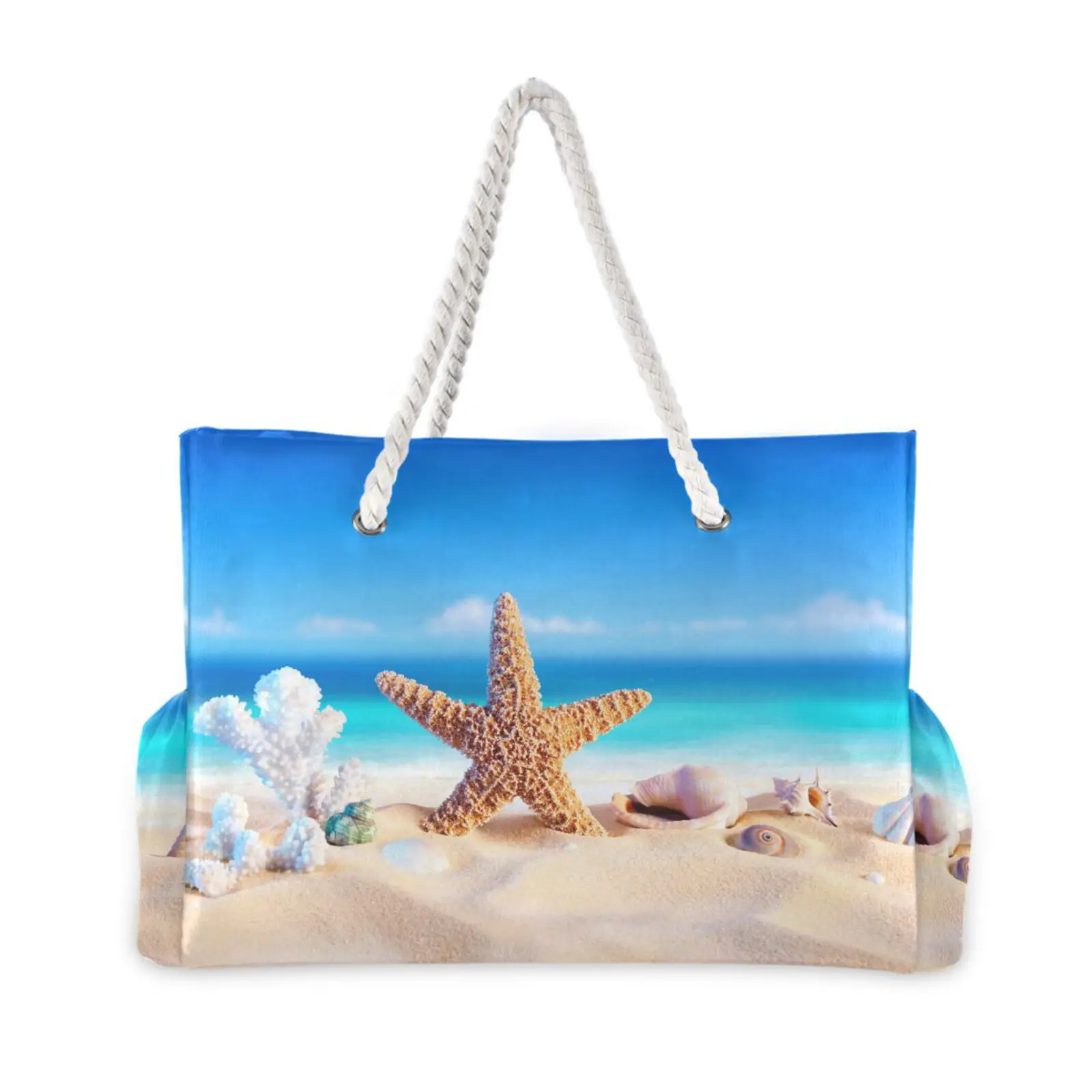 Large Beach Bags for Women Shell Print Beach Tote Bags with Zip Rope Handle Summer Beach Bags Holiday Essentials Travel Bag New