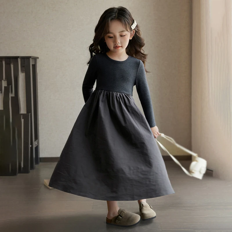 Spring Autumn Kids Girls Beige Grey Simple Casual Patchwork Princess Elegant Long Sleeve Dresses Korean Style 3-9Y