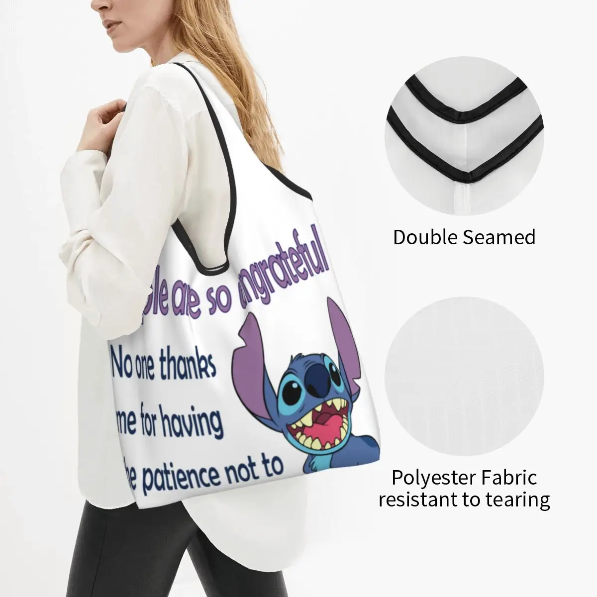 Custom Reusable Ungrateful Humans Stitch Shopping Bag Women Tote Bag Portable Funny Anime Film Grocery Shopper Bags