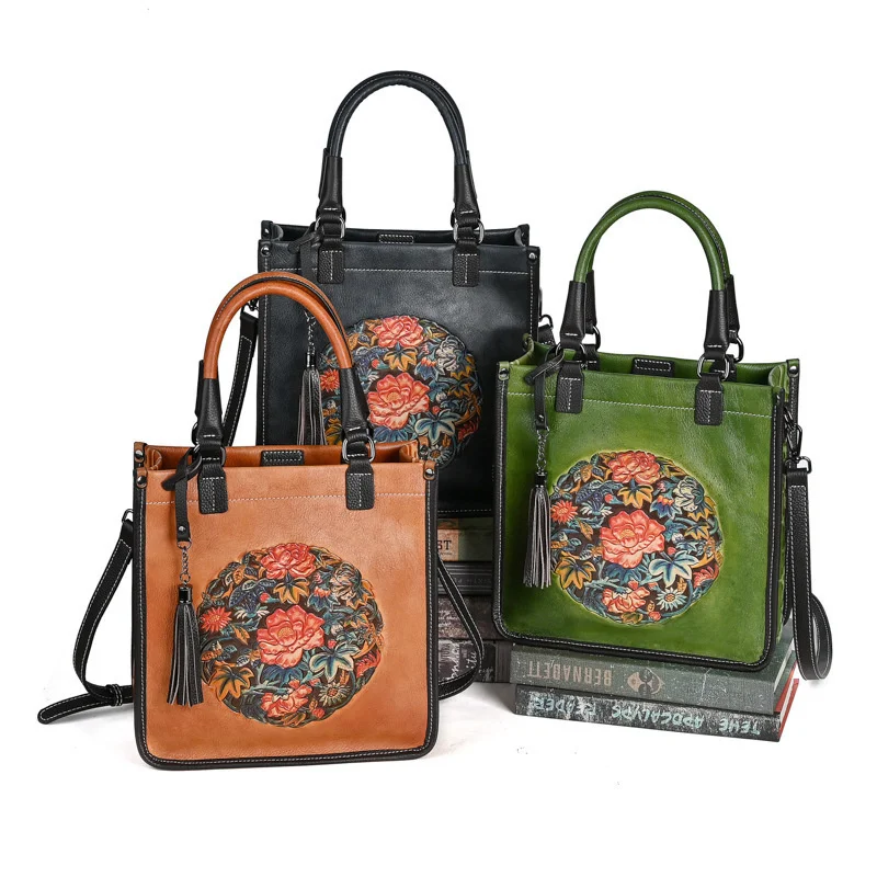 حقيبة يد من الجلد الطبيعي من MOTAORA للنساء ذات سعة كبيرة حقيبة كتف كلاسيكية منقوشة على شكل زهرة محفظة كاجوال فاخرة بتصميم كلاسيكي