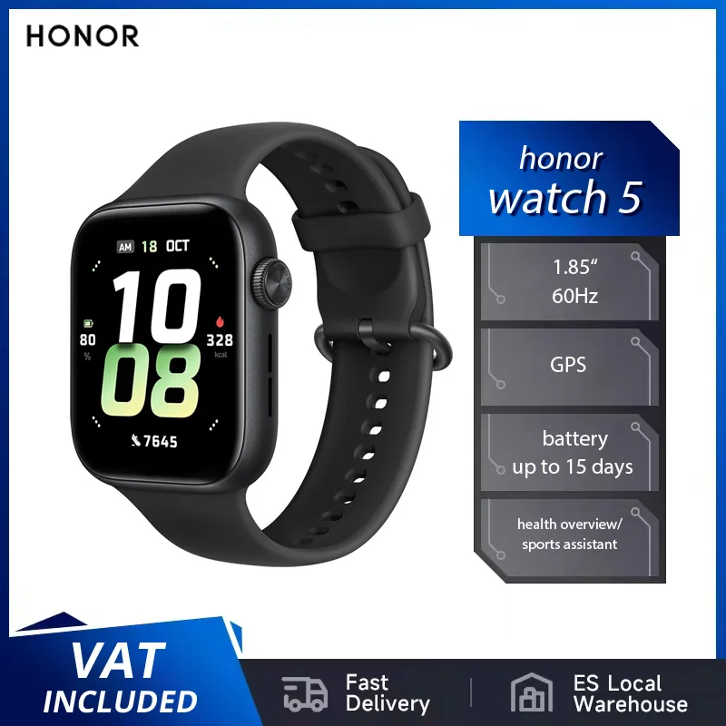 Honor Watch 5 Scan de santé suivi GPS précis 15 jours longue durée de vie de la batterie 1.85 pouces plus grand écran AMOLED 60Hz 5ATM IP68 BT5.2