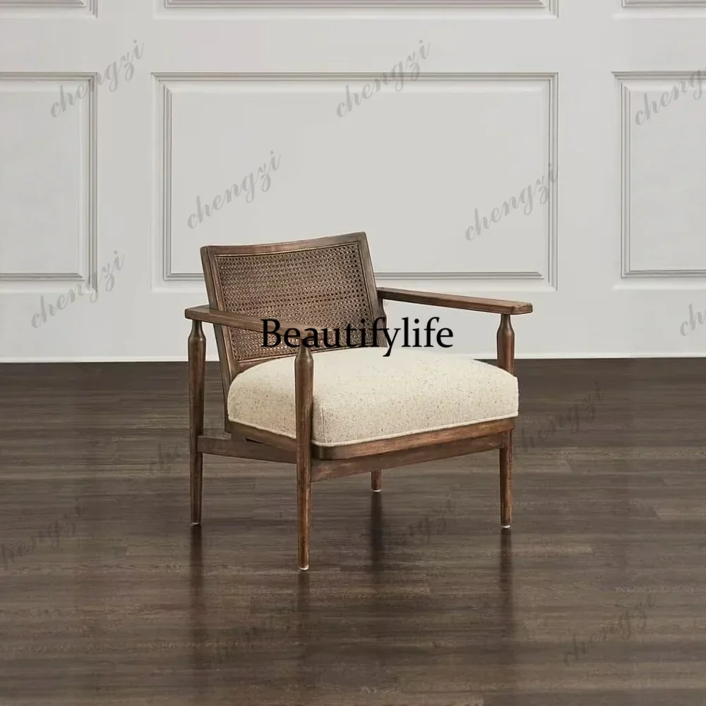 132 Vintage style vintage solid wood rattan single chair with hollowed out rattan back armchair, Japanese Wabi Sabi sofa