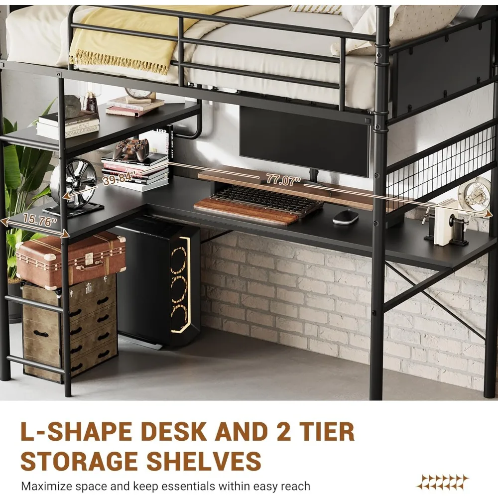 سرير علوي بطابقين من Garveehome مع مكتب على شكل حرف L، سرير علوي مزدوج مع مكتب أسفل، أسرة معدنية بطابقين مع درابزين عالي وسلم fo #6