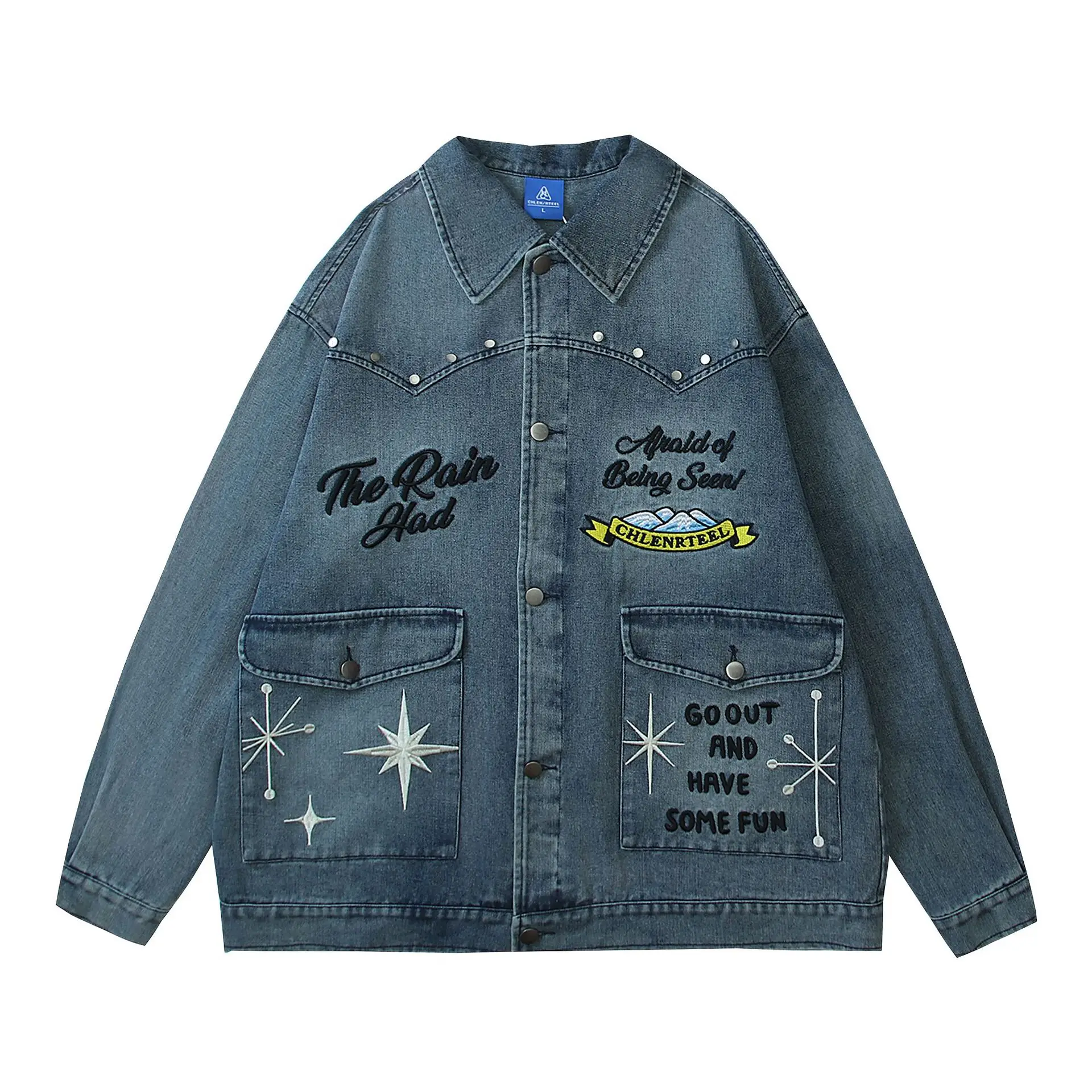 2024 New American Retro Trendy Brand Embroidered Collar Cowboy Jacket Loose and Versatile Couple College Style Coat