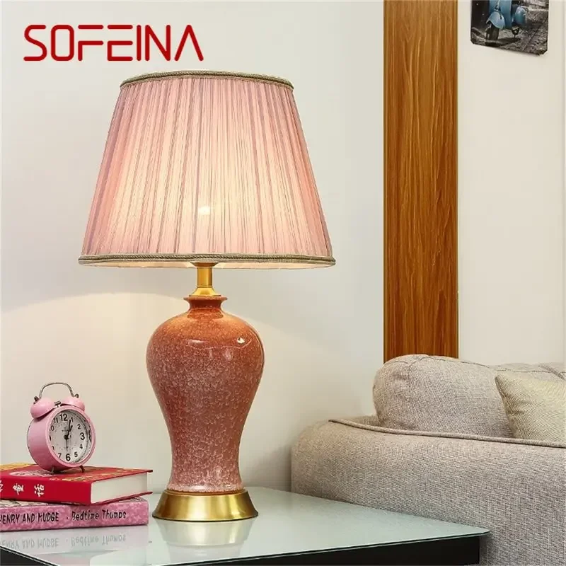 SOFEINA Ceramic Table Lamps Pink Luxury Copper Desk Light Fabric for Home Living Room Dining Room Bedroom Office