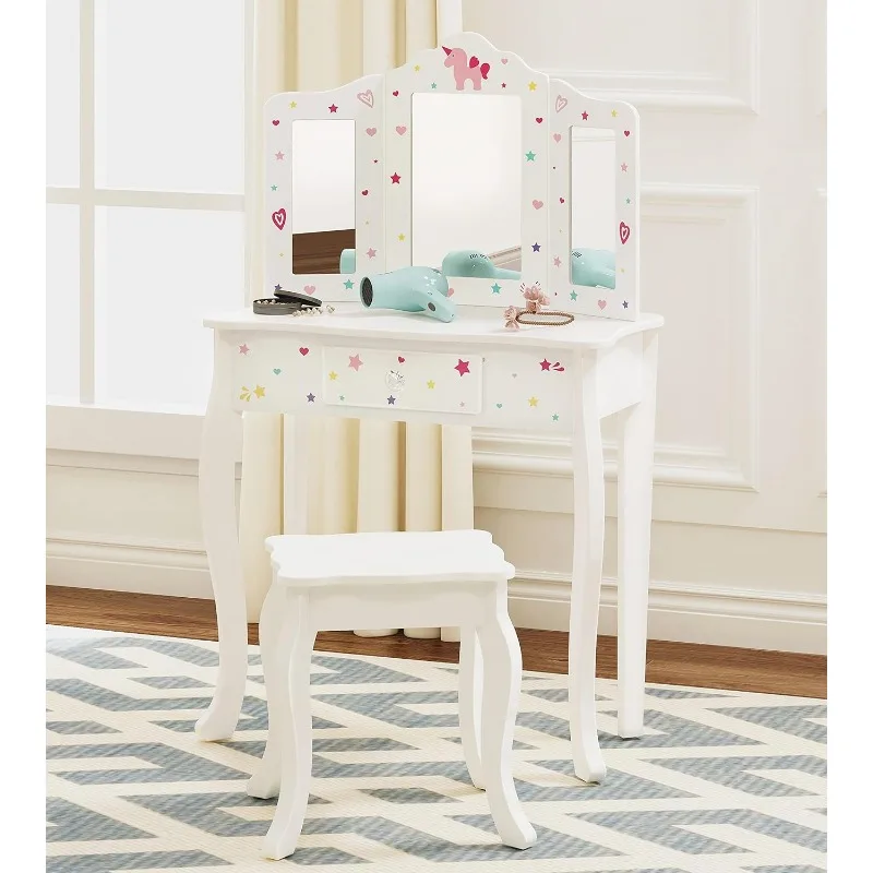 

Pretend Play Kids Vanity Table and Chair Vanity Set with Mirror Makeup Dressing Table with Drawer, Play Vanity Set