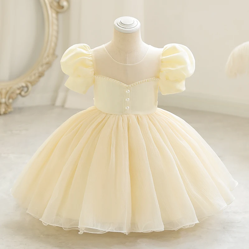 Little child dress skirt palace style bubble sleeve short style mesh gauze Pengpeng sweet princess wind champagne color W002