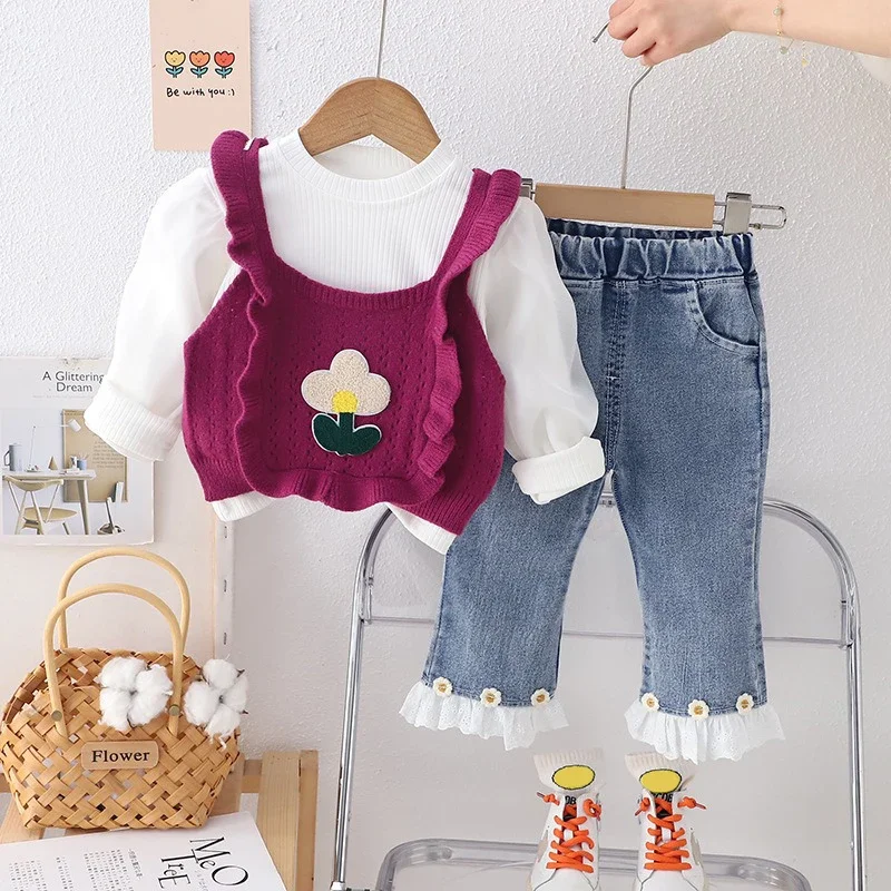 Baby Girls Clothing Sets Spring Children Knitted Vest Bubble Sleeve T-shirt Jeans Infant Floral Princess Clothes Kids Outfits