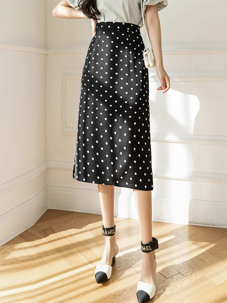 

Autumn High Waist Bodycon Pencil Skirt Women Elegant Polka Dot Print Long Skirts With Shorts Split Wrap Falda Midi Beige Black