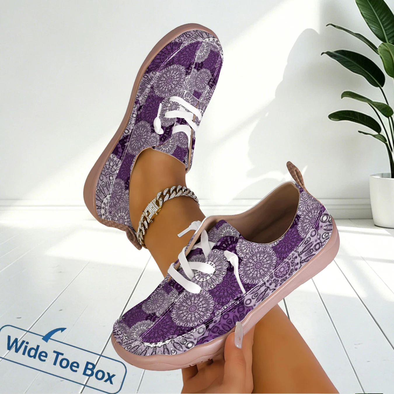 Women Geometric Print Wide Toe Slip On Loafers Light Shock Absorbing Shoes For Sports Travel Outdoor Walking