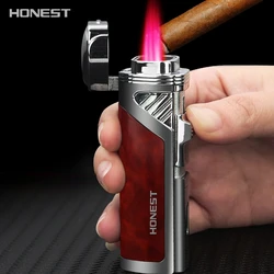 HONEST Metal Four Strong Jet Red Flame Butane Gas Torch Lighter Visible Gas Window With Cigar Knife Cigar Lighters Smoking Tools