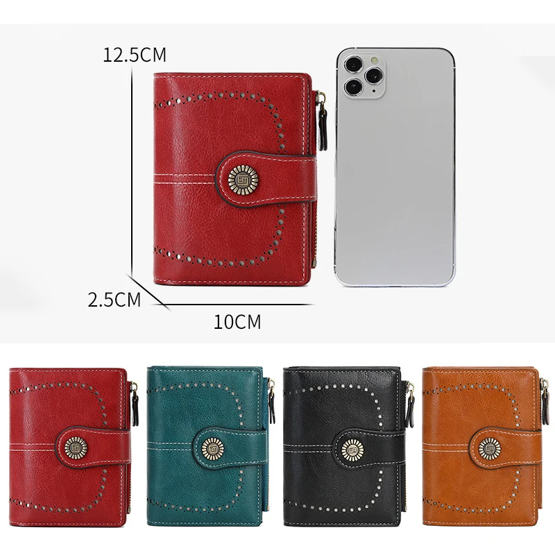 Retro RFID Anti-Theft Leather Wallet Multi-Card Zipper Bifold Purse Credit Card Holder Multi-Functional Coin Wallet