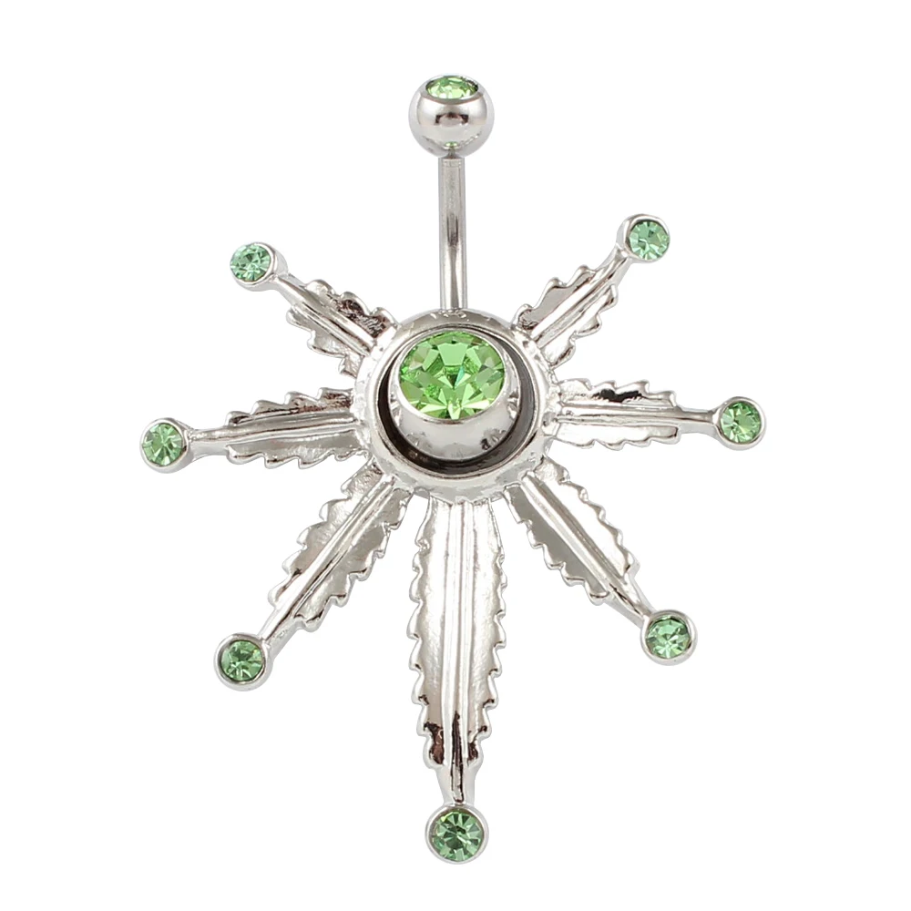 Maple leaf big style body jewelry women green stones belly button ring 14G Stainless Steel navel bar piercing fashion jewelry