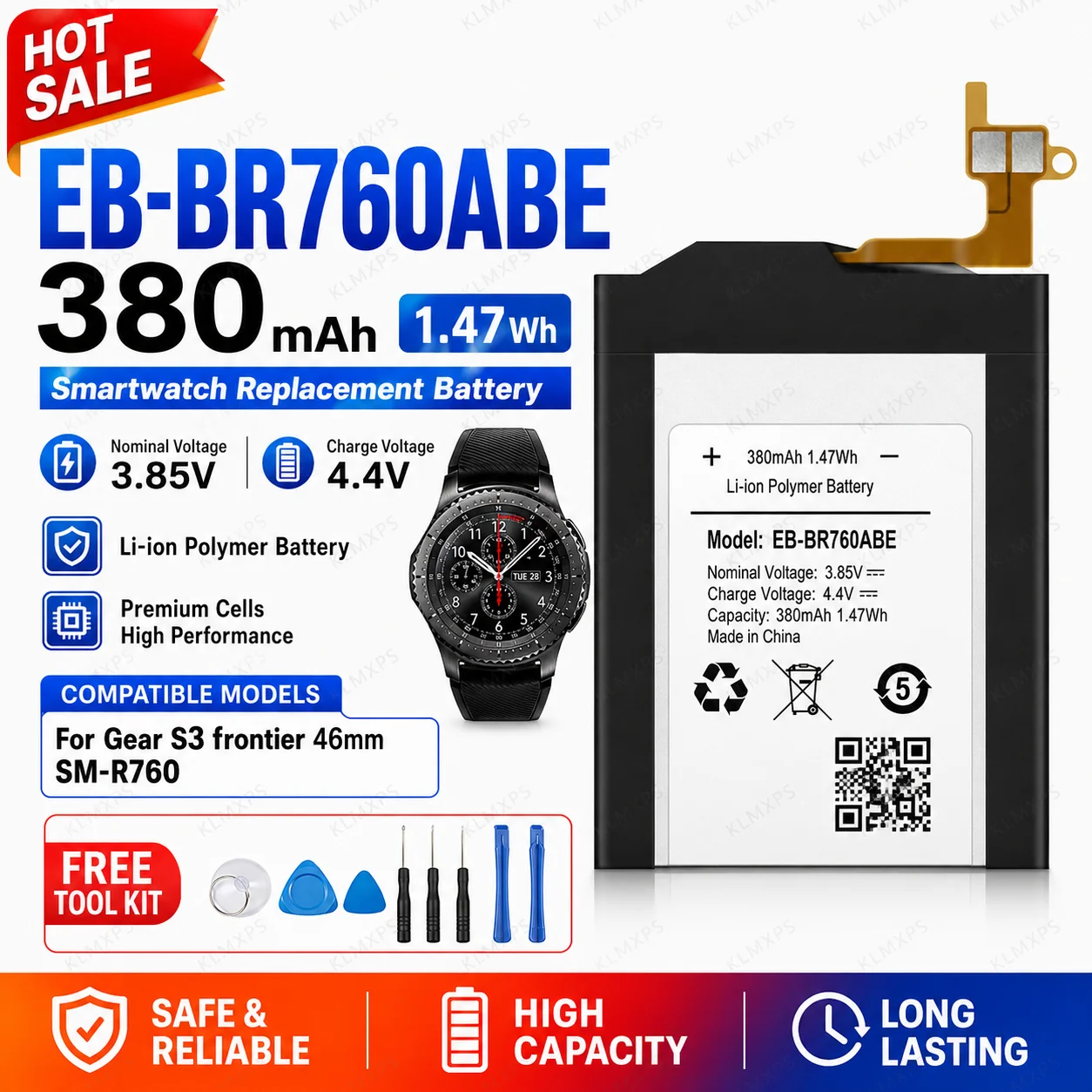 Long Lifespan EB-BR760ABE Battery 380mAh For Samsung Gear S3 Frontier Classic SM-R760 R770 R765 R765S Repair Tool Kit Set