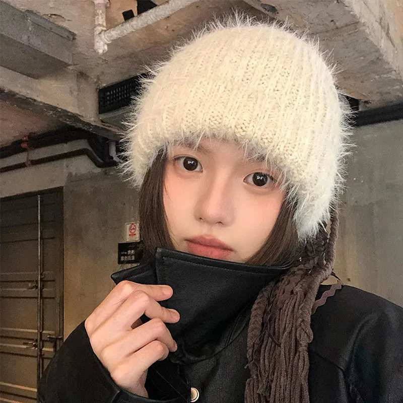 New Imitation Rabbit Hair Fringed Pullover Hat Women's Winter Big Head Elastic Warm Ear Protection Knitted Skull Beanie Cap