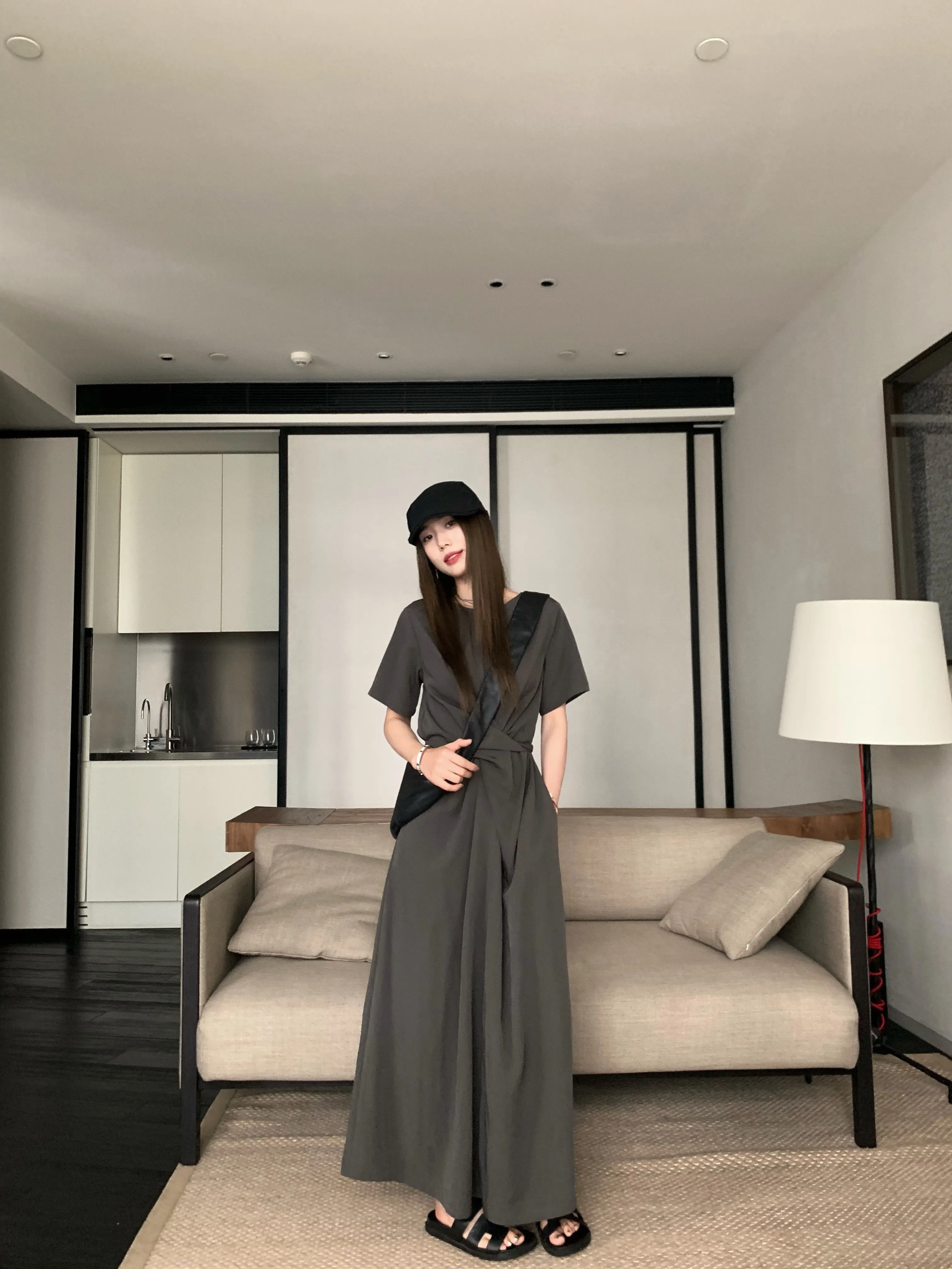 

Niche Design Cross-strap Short-sleeved Dress Summer Femininity High-end Feeling Waist and Thin A-shaped Long Skirt