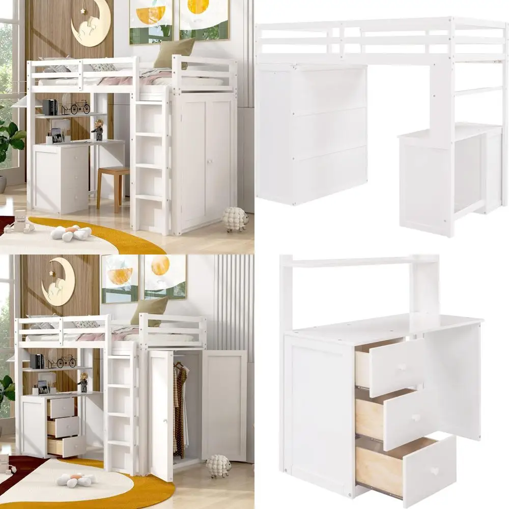 

White Wooden Twin Bed with Wardrobe and Desk, Storage-Friendly Design for Teens