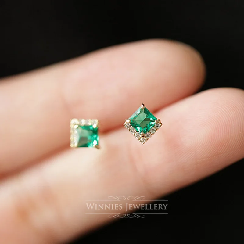 

925 Sterling Silver 14k Gold Square Green Zircon Stud Earrings For Women Elegant Wedding Luxury Jewelry Jewellery Free Delivery