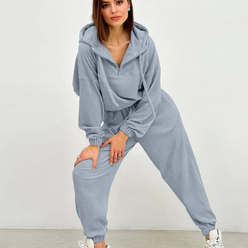 New Corduroy Suit for Women Sports Leisure Europe and the United States 2023 Autumn and Winter Zipper Hooded Hoodie Two-piece