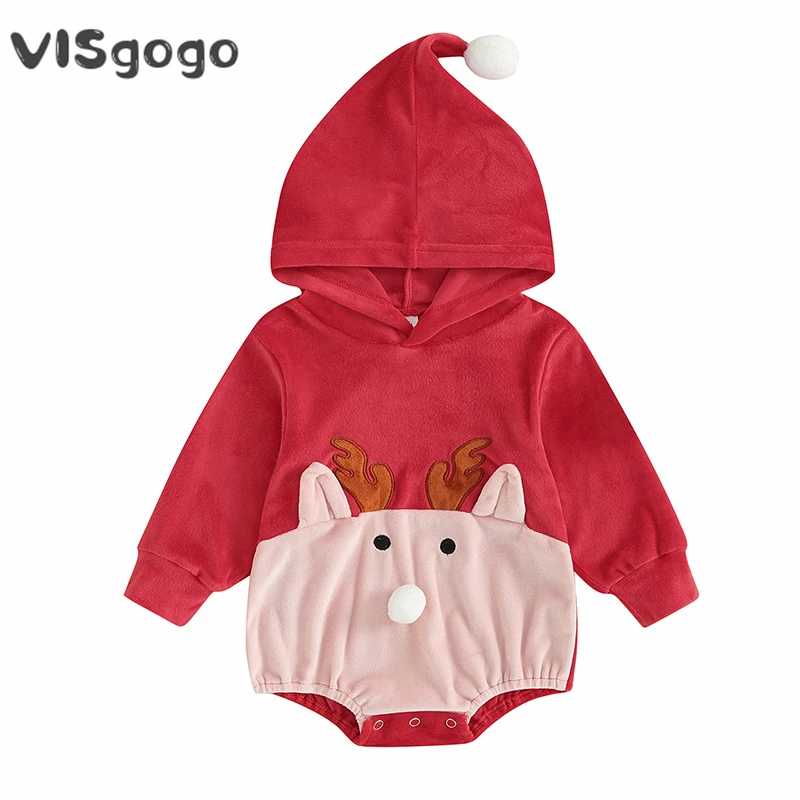 

VISgogo Infant Baby Girl Boys Christmas Velvet Bodysuit Deer Pattern Long Sleeve Hood Rompers Xmas Festival Clothes