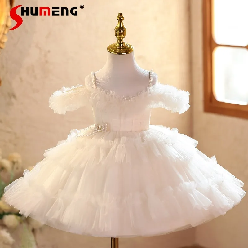 Girls' French Off Shoulder Dress High End Luxurious Unique Flower Wedding Dress Children's Princess Sweet Tutu Puffy Dress