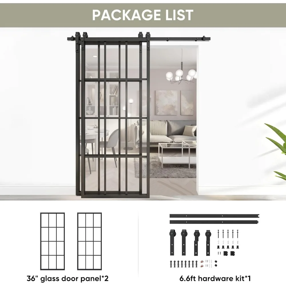 Double Glass Barn Door, with 6.6FT Side-Mounted Hardware Kit, (Fit Max Opening 64"),2 Sets of 36x84 in Black Frame Barn Door