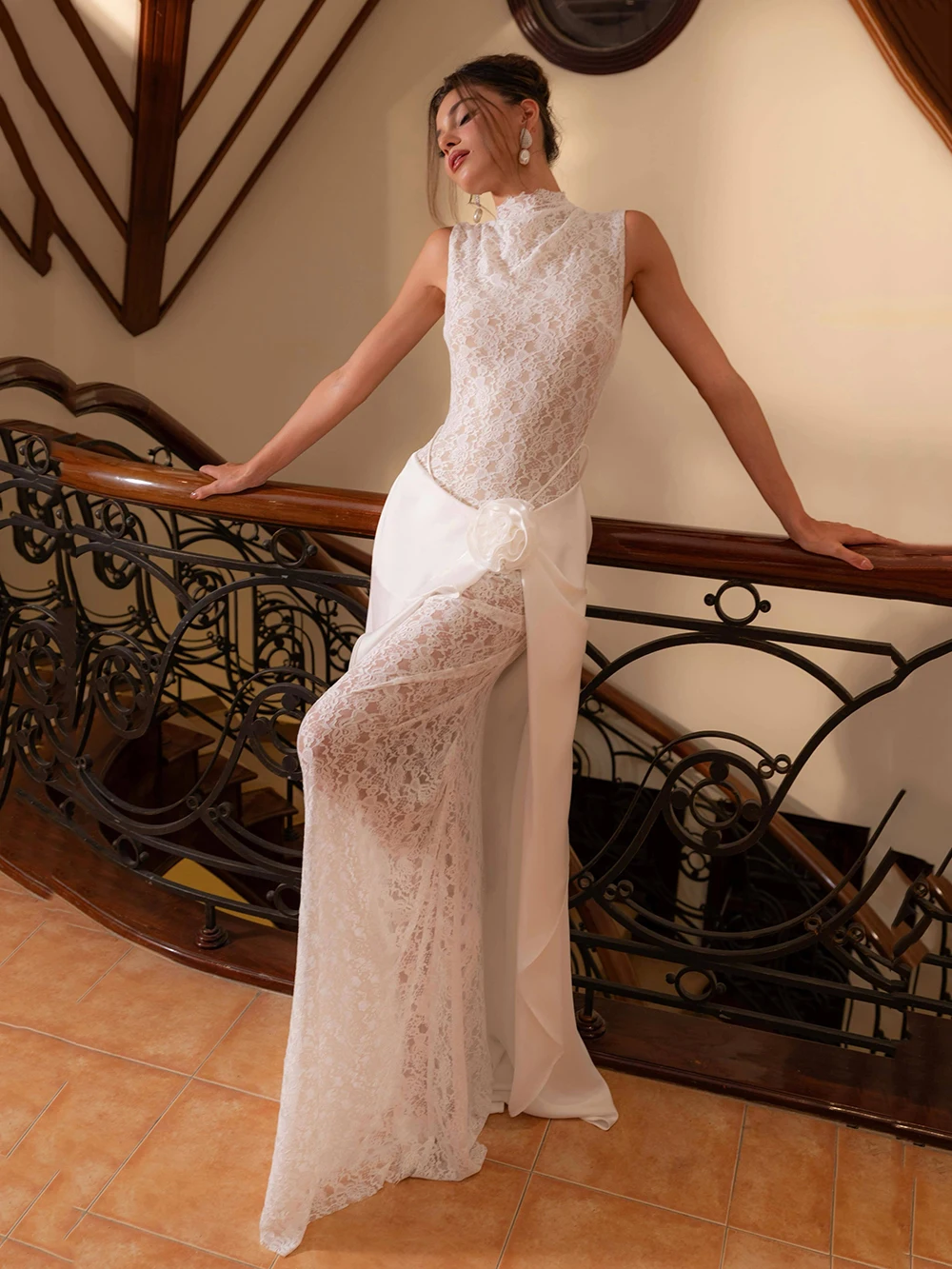 New Floral Skirt Lace Dress European Women's Evening Gown Sleeveless Long Dress Sexy Banquet