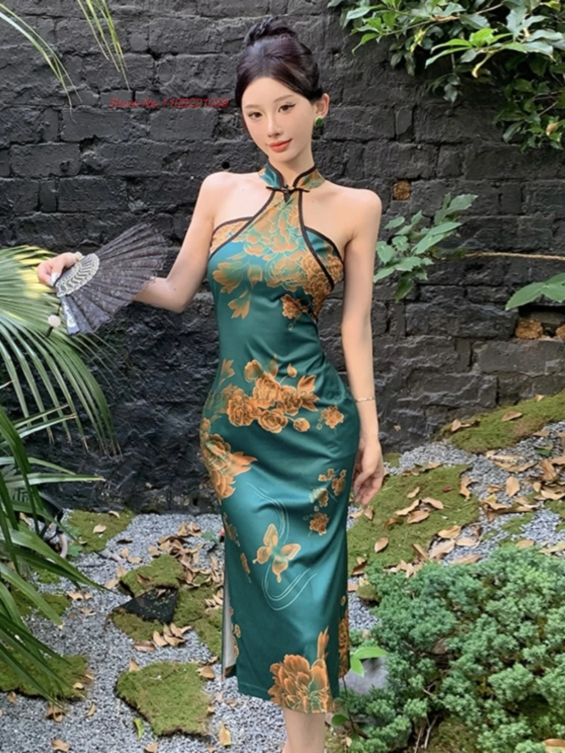 

2025 oriental off shoulder dress improved cheongsam traditional flower print sleeveless qipao sexy nightclub bodycon dress qipao