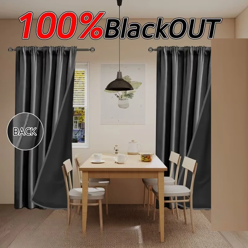 1p sun Protection Heat Insulation Grey 100% Blackout Curtains for Living Dining Room Bedroom Thermal Lining Window Decor Fabric