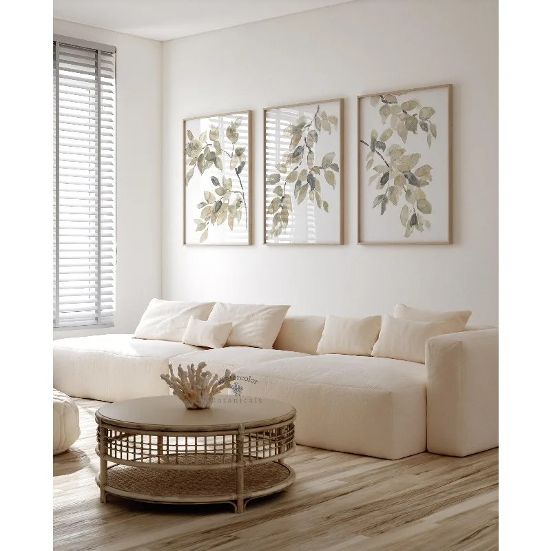 3 Tranquil Botanical Canvas Wall Mural Watercolor Sage and Green Leaves Art Poster,Home Decor,Modern Farmhouse Canvas Painting view 2