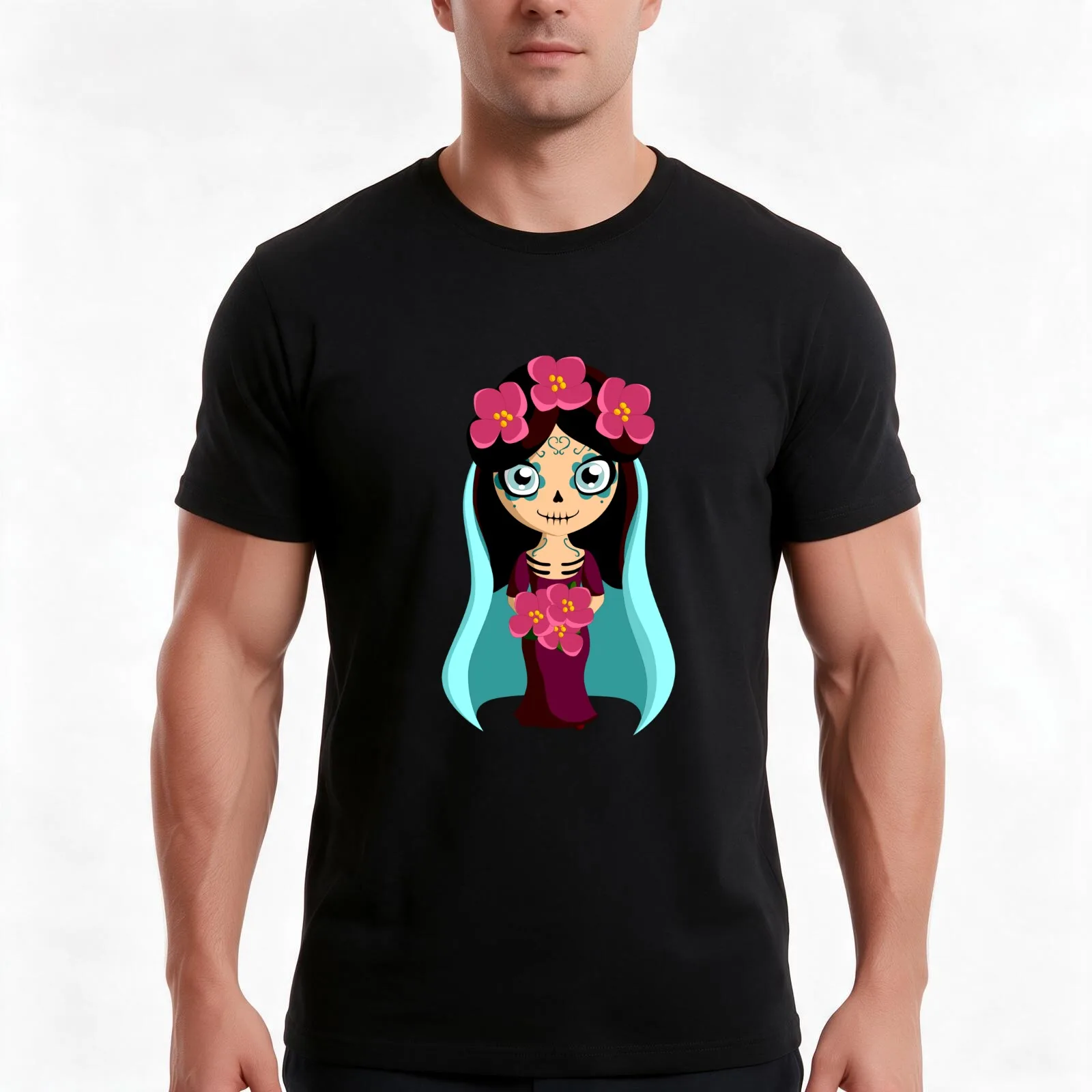 Day of the Dead Skull Bride Design T-Shirt, Summer Casual Cotton Tee, Oversized Streetwear Tops, Vintage Graphic Print