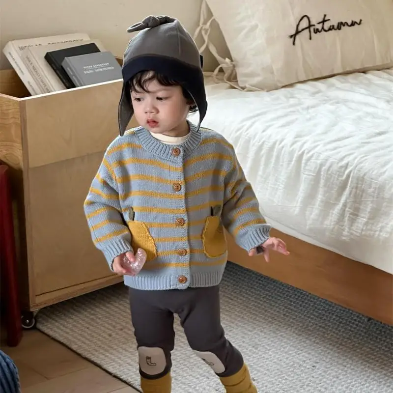2025 Autumn New Baby Long Sleeve Sweater Coat Boys Girls Casual Versatile Knitted Jacket Infant Toddler Pocket Striped Cardigan