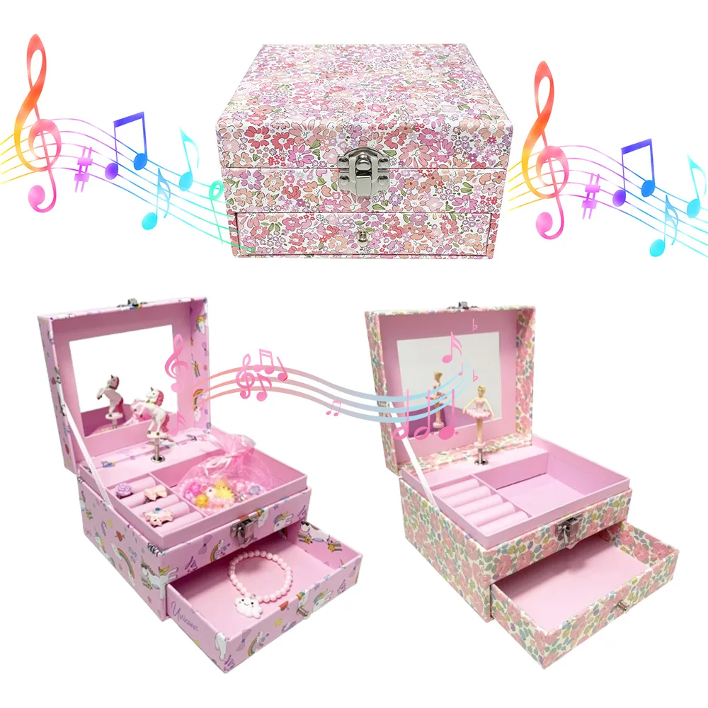 1 قطعة صندوق تشغيل الموسيقى مع درج مرآة الدورية راقصة الباليه وتخزين المجوهرات الوردي المهر لخاتم القلائد والأساور هدية عيد ميلاد