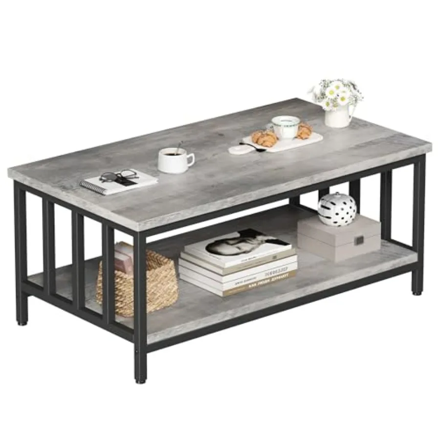 

Coffee Table for Living Room with Slatted Sides Frame Modern Farmhouse Living Room Table with 2-Tier Storage Shelf for Home Off