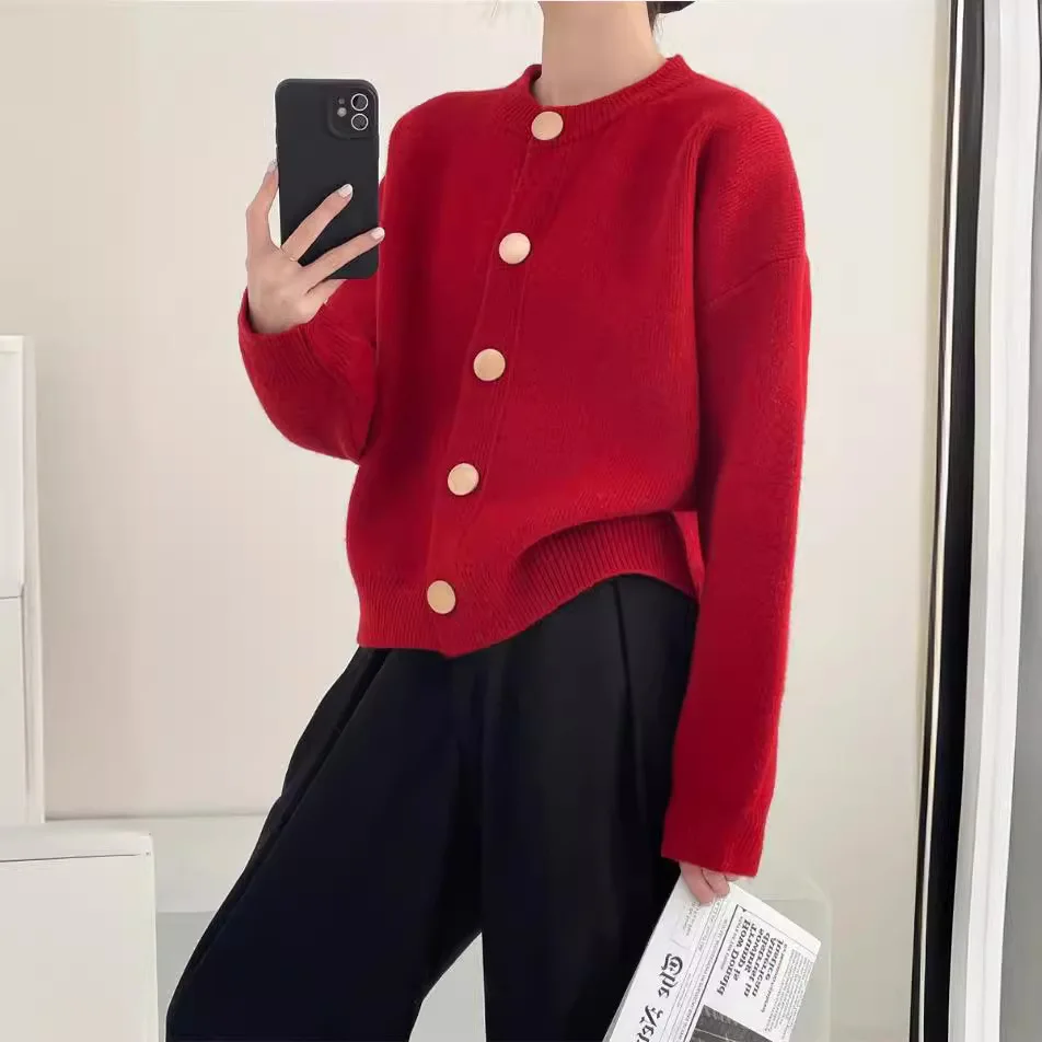 

Sweater Women's Crew Neck New Single-breasted Solid Color Casual Knitted Cardigan Jacket 2025 Autumn and Winter