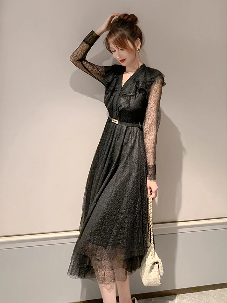 Women's French Midi Dress Elegant Sexy Black Sheer Mesh Lace Long Sleeve Belt Swing Robe Female Party Street Holiday Vestidos - AliExpress 200000345 Women's French Midi Dress Elegant Sexy Black Sheer Mesh Lace Long Sleeve Belt Swing Robe Female Party Street Holiday Vestidos - AliExpress 200000345