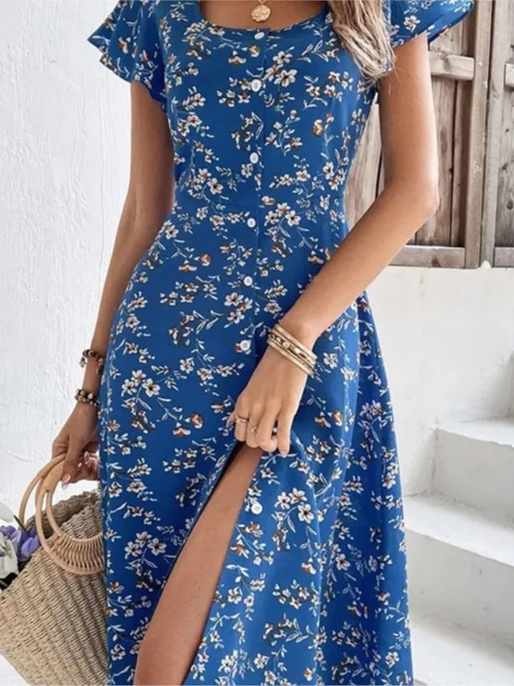 Robe d'été à fleurs style Boho pour femmes, nouvelle mode, col carré, manches évasées, mi-longue, vacances, plage, chemise décontractée