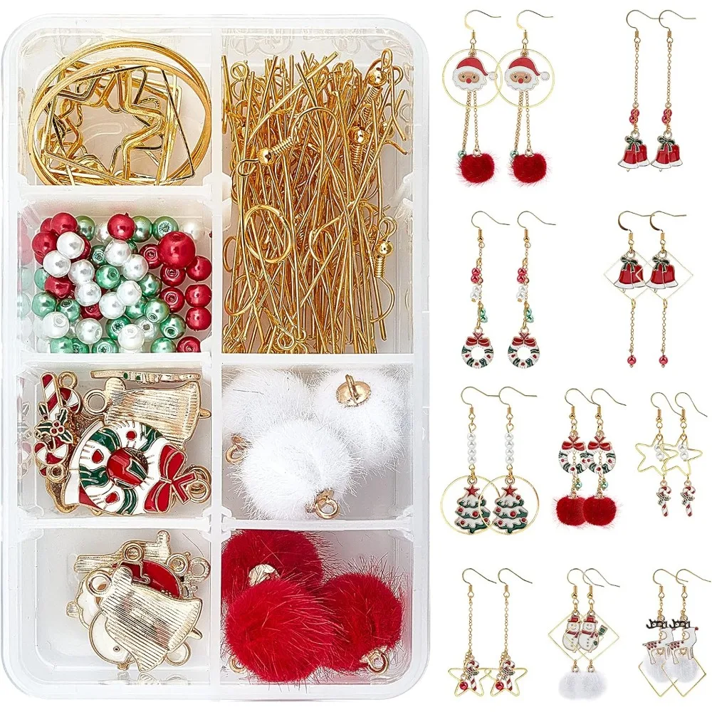 1 Box DIY 10 Pairs Christmas Themed Earring Making Kits Santa Claus Snowman Christmas Trees Reindeer Enamel Pendants Charms