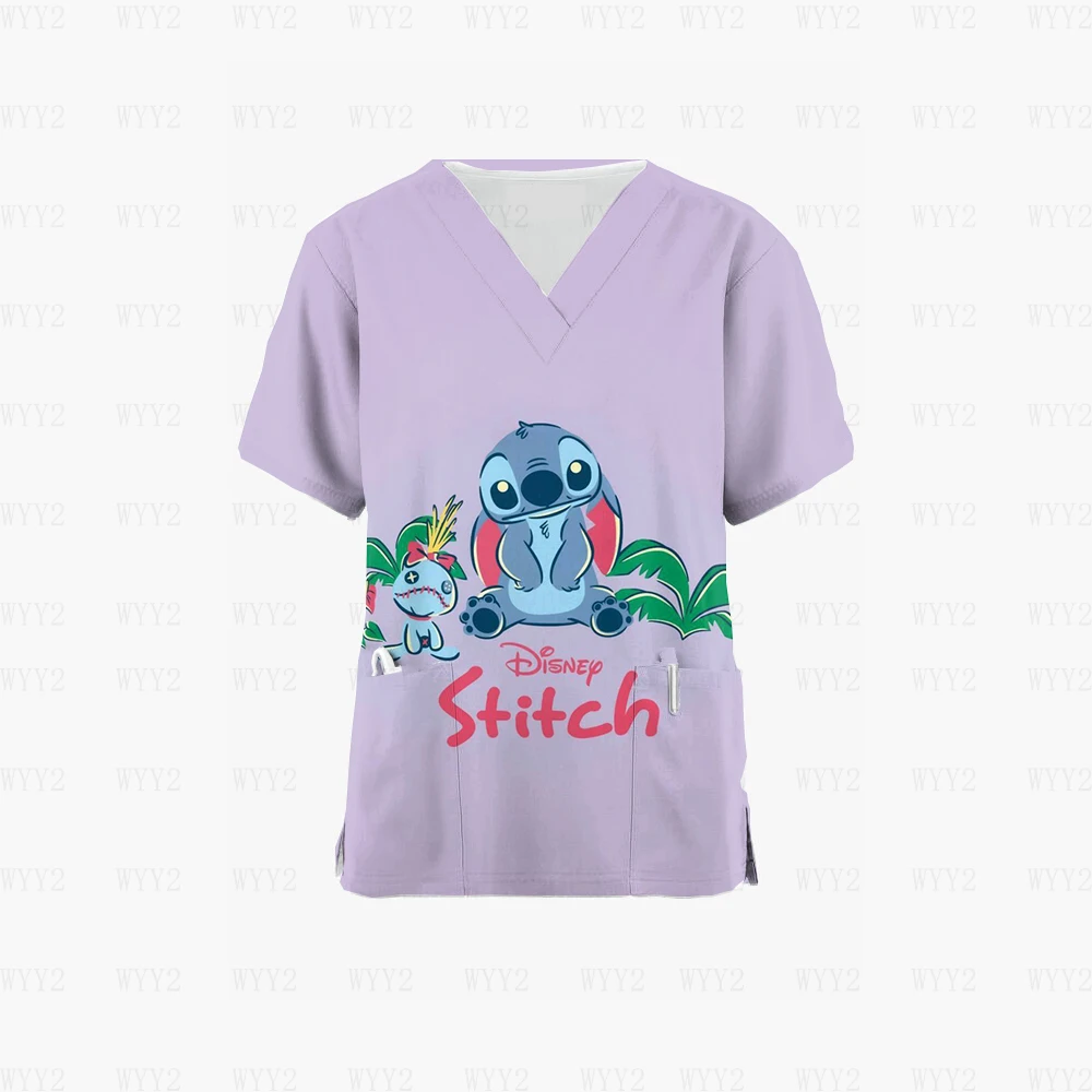 Stitch Kartun Dicetak Seragam Perawat Wanita Scrub Atasan Pullover Lengan Pendek Kemeja Kerja Lengan Pendek Kaus Perawat Musim Panas Seragam Perawat