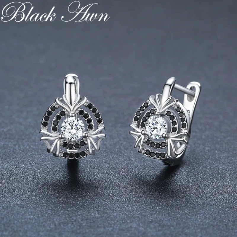 Black Awn 2024 New Hoop Earrings for Women Classic Silver Color Trendy Spinel Engagement Fashion Jewelry I248